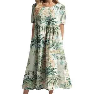 Robe midi à imprimé hawaïen pour femmes, robe d'été tropicale à manches courtes, robe décontractée ample et légère pour la plage - Product Image 1