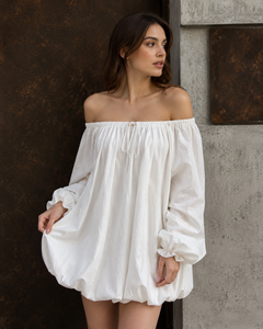 Robe Courte Bohème Blanche en Coton Ample et Unie à Épaules Dénudées pour Femme, Manches Longues, Tendance Été Plage - Product Image 4