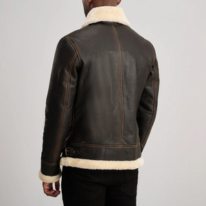 Veste en cuir véritable pour homme, style motard, avec doublure en fausse fourrure, coupe-vent, manteau d'hiver, fermeture éclair - Product Image 3