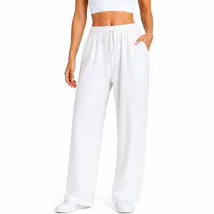 Women's High Waist Wide Leg Cotton Pants Solid Color Loose Fit Drawstring Casual <b>Summer</b> Full Length <b>Trousers</b> With Pockets - Product Image 3