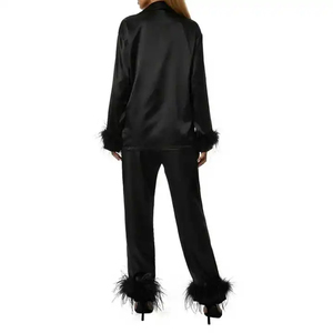 New Arrival Elegant Full-Length Sleepwear <b>for</b> Women Factory Custom Real Ostrich Feather <b>Pyjama</b> with Black Fur Black Pajama - Product Image 4