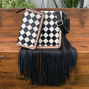 Nuevo Estilo Vintage, diseño a cuadros con herramientas manuales, bolso y cartera con flecos a la moda, conjunto combinado de 2 piezas para mujer - Product Image 6