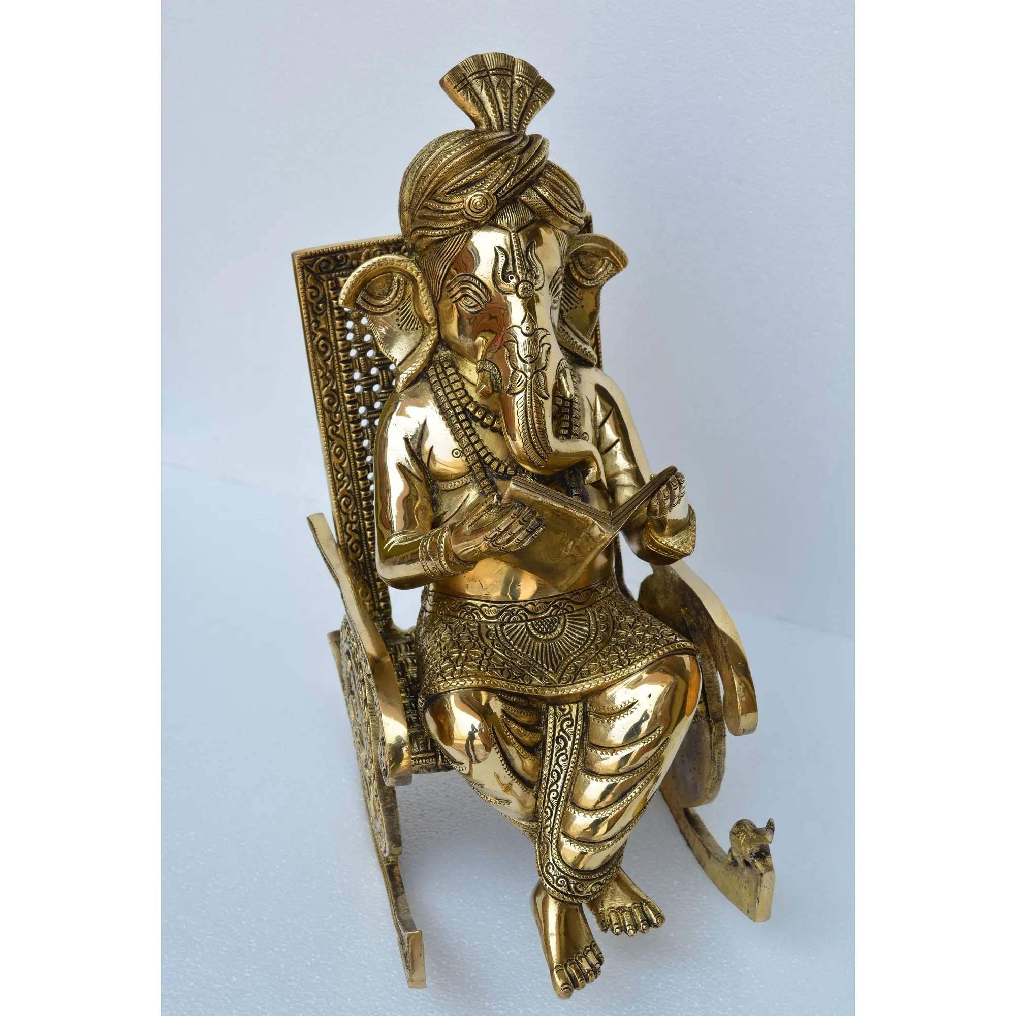 Adorable Gold Polished Sculpture Of Lord Ganesha Sitting On Rest Chair Hot Sale Antique Finished Ganesha Sculpture