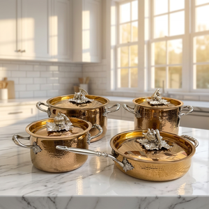 Hammered Stainless Steel Cookware Set of 4 Pot And Frying <b>Pan</b> European Design Stainless Steel Handles Vegetable Lid Oven Safe - Product Image 1
