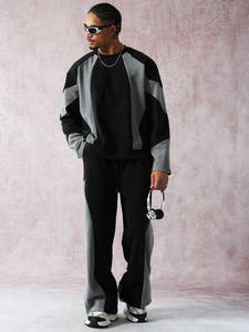 Ensemble survêtement homme 2 pièces noir et gris à blocs de couleur, sweat-shirt col rond et pantalon de survêtement large - Product Image 4