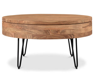 Mesa de centro con almacenamiento, diseño moderno, esencial para la sala de estar, madera maciza de acacia, tapa redonda, patas cónicas tipo horquilla. - Product Image 5