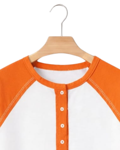 Women White Orange Raglan Sleeve Henley T Shirt Cotton Blend Short Sleeve Casual Summer <b>Top</b> Trendy Comfortable Lightweight Wear - Product Image 4