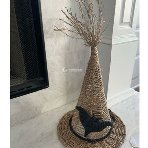 Chapeau de sorcière en paille, accessoire de costume d'Halloween, chapeau de sorcier pointu tissé à la main, doux, avec grand nœud en satin noir Viettimecraft - Product Image 4