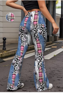 High Waist Flare Pants Women Patchwork Print Full Length <b>Elastic</b> Waist Bohemian Summer Style Skinny Fit Breathable Casual Pants - Product Image 3