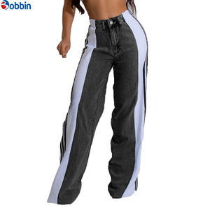 Jean pour femme à logo personnalisé, à rayures latérales, taille haute, patchwork, coupe large et droite, en denim, tendance - Product Image 2