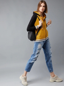 Sudadera con capucha para mujer, amarilla y negra, con bloques de color, manga larga, cremallera, informal, de punto de algodón, para otoño - Product Image 3