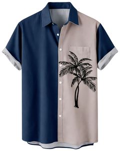 Camisa de Manga Corta con Estampado de Palmeras en Azul Marino y Beige, Estilo Casual para Playa, Verano, para Hombre, Fabricante OEM, Personalizable, al por Mayor - Product Image 1
