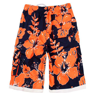 Shorts de bain pour hommes à motif floral, séchage rapide, cordon de serrage, taille élastique, décontractés, style bermuda, imprimé orange et noir, en polyester - Product Image 4