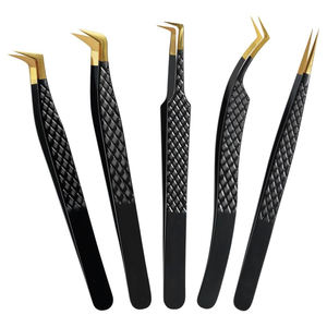 Kit de pinces à cils noir et or, 5 pièces, outils d'extension de cils de haute précision antistatiques avec étui en cuir portable - Product Image 1