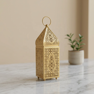 Premium Moroccan <b>Lantern</b> with Decorative <b>Gold</b> Metal Body Intricate Cutwork and Hanging Loop for Luxury Home Decor - Product Image 1