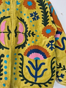 Luxury Yellow <b>Velvet</b> Suzani Embroidered <b>Jacket</b> with Floral Print Full Sleeve Stand Collar Bohemian <b>Women's</b> Winter Outerwear - Product Image 5