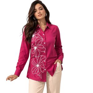 Camisa de Viscosa y Rayón para Mujer, Bordada con Flores, Estilo Casual, con Botones, Manga Larga, Elegante, para Oficina - Product Image 1