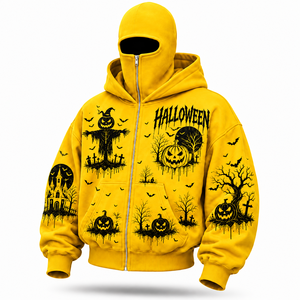 Sudadera con capucha y cremallera completa con estampado gráfico de Halloween amarillo al por mayor, sudadera con capucha extragrande con cubre rostro, sudadera con capucha de calabaza espantapájaros - Product Image 2