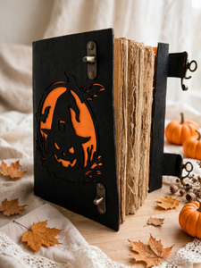 Journal en cuir fait main pour Halloween, motif citrouille sorcière ajouré, double fermeture, carnet gothique - Product Image 3