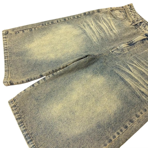 Shorts en jean vintage délavé pour homme, coupe ample, jambe large, style Y2K gothique streetwear, 100% coton tricoté, couleur unie, OEM - Product Image 4