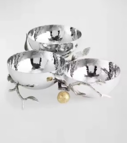 ชามเสิร์ฟสแตนเลสสีเงินหรูหราพร้อมฐานรูปดอกแมกโนเลียสีทอง ชามสลัดผลไม้โลหะสวยงามสำหรับตกแต่งบ้านและโรงแรม - Product Image 3