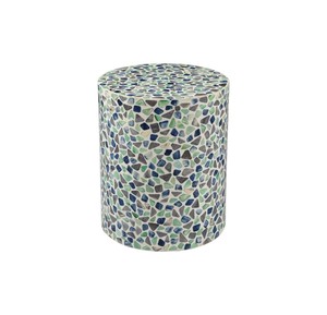 Blue Green <b>Grey</b> Terrazzo Style Shell Cylindrical Stools Mother of Pearl Handcrafted Mosaic <b>Small</b> <b>Side</b> <b>Table</b> Living Room Decor - Product Image 2