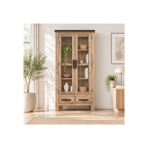 Armoire de salon en bois d'acacia naturel de la collection ATLAS avec portes en verre, meuble de rangement décoratif - Product Image 1