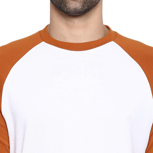 T-shirt à manches longues raglan pour homme, blanc et orange contrastés, coupe classique, col rond, jersey tricoté décontracté en coton, couleur unie - Product Image 6