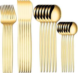 Ensemble de couverts de luxe dorés traditionnels et durables en acier inoxydable, poli miroir, couteau, cuillère, fourchette, élégant pour la salle à manger, prix bas - Product Image 5