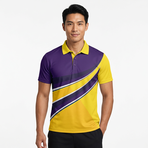 Polo de coach personnalisé sublimé en gros – Tenue d'équipe sportive violette et jaune, tissu haute performance à séchage rapide - Product Image 1