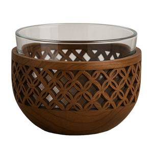 Cuenco de madera tallado moderno con perforación de diamante e inserto de vidrio interior perfecto para decoración de mesa de servicio multiusos o regalo - Product Image 1