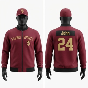 เสื้อแจ็คเก็ตเบสบอลแบบมีฮู้ดสำหรับฝึกซ้อม ผลิตจากผ้าโพลีเอสเตอร์ฟลีซ พรีเมียม 180 GSM  แบบ unisex สีแดงเลือดหมู แต่งขอบสีดำ พร้อมปักลายตามสั่ง - Product Image 1