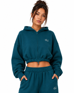 Survêtement Premium pour Femme avec Sweat à Capuche Court à Taille Élastique et Pantalon Ample à Jambes Larges, Manches Longues, Épaules Tombantes, Tissu Épais, DTF - Product Image 4