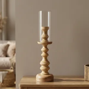 Artisan Design Wooden <b>Hurricane</b> Tapered <b>Candle</b> <b>Holder</b> <b>Glass</b> Windshield Tealight CH1135 for Home Decor Handmade Uttar Pradesh - Product Image 4