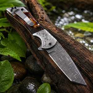 Folding Pocket Knife Stainless Steel Blade Straight <b>Back</b> Thumb Knob Artistic Engraving Wood Handle Camping Utility DIY Grade OEM - Product Image 2