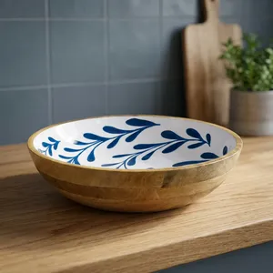 Handcrafted Wooden Decorative Serving <b>Bowl</b> with Blue Floral Print White Interior Mango Wood Salad Fruit <b>Snack</b> <b>Bowl</b> for Dining - Product Image 4