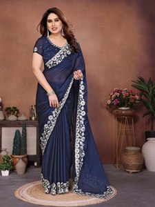Sari en soie bleu marine élégant de NiMa Creations, broderie florale argentée, traditionnel pour femmes, tenue de mariage, style Inde Pakistan - Product Image 3