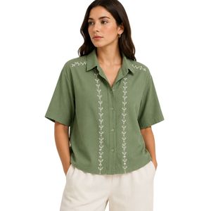 Camisa de Mujer con Botones, Bordada en Verde Oliva, Personalizada, Manga Corta, Blusa Casual de Verano, Mezcla de Lino, con Logotipo Personalizado, Top de Moda - Product Image 1