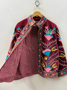 Velvet Women's Hand Embroidered Floral <b>Jacket</b> Mandarin Collar Full <b>Sleeve</b> <b>Short</b> Length Bohemian <b>Jacket</b> - Product Image 3