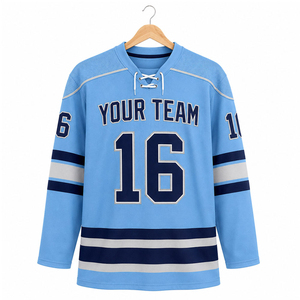 Jersey de Hockey sobre Hielo Sublimado, Azul Cielo, Gris Marino, Rayas, Cuello con Cordones, Manga Larga, Jersey de Equipo, Fabricante OEM, Venta Caliente - Product Image 3