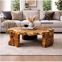 Table basse convertible en bois massif, racine de teck rustique, plateau blanc, table centrale unique, salon, salle à manger, usage domestique, ensemble de meubles