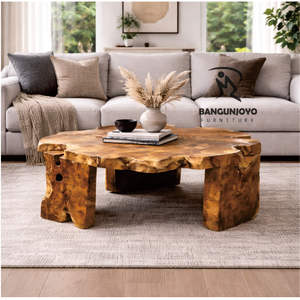 Mesa de Centro Convertible de Madera Maciza de Raíz de Teca Rústica con Tapa Blanca, Mueble Único para Sala de Estar, Comedor y Hogar - Product Image 4