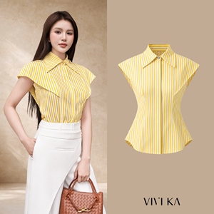 เสื้อเชิ้ตแขนสั้นลายทางสีเหลืองสำหรับผู้หญิง เสื้อเชิ้ตคอปกติดกระดุม ดีไซน์หรูหราสำหรับฤดูใบไม้ผลิและฤดูร้อน MADGE - Product Image 1