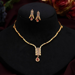 RAY FINE ORNATES 22K Gold Plated Brass <b>Ruby</b> CZ <b>Necklace</b> Set Pear Shape Stone Traditional Indian Bridal Wedding Jewelry IGI - Product Image 1