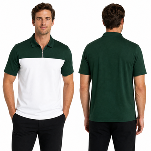 Men's dark Green <b>White</b> Color Block Short Sleeve <b>Polo</b> Shirt With Zipper Casual Style - Product Image 4
