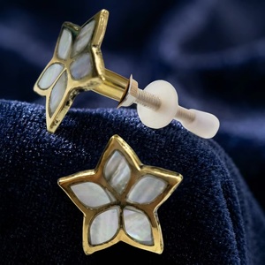 Star Shape <b>Brass</b> Cabinet <b>Knobs</b> with Mother of Pearl Inlay for Drawer and Wardrobe Handles Contemporary Design - Product Image 1