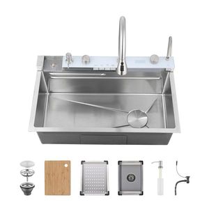 Lavello da cucina a vasca singola con rubinetto a cascata, in acciaio inossidabile 304, design a balena, per villa e uso domestico, per lavaggio di verdure e piatti - Product Image 1