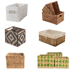 COUNTER SORT Vintage Geometric Hyacinth Rectangle Laundry <b>Basket</b> Cut-out Handles Eco-Friendly Multifunction Clothes Organizer - Product Image 1