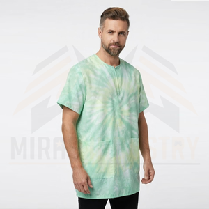 Camiseta de Trabajo para Hombre, Manga Corta, Color Verde Claro, Estilo Tie-Dye, con Cierre Frontal y Bolsillos, Transpirable, de Algodón - Product Image 1