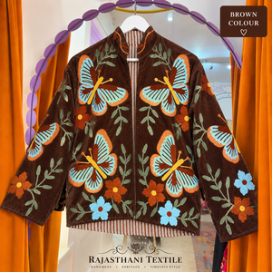 Rajasthani Textile Velvet Knitted Zipper <b>Mandarin</b> <b>Collar</b> Bomber <b>Jacket</b> Floral Pattern Handmade Full Sleeve Autumn Elegant - Product Image 1